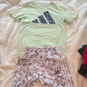 Adidas Light Green Tee and Gray Camo Shorts